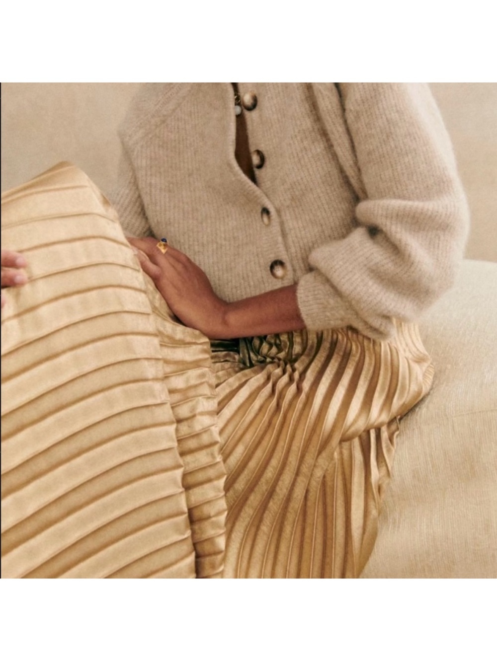 Sezane Metallic Gold Pleated Midi Skirt